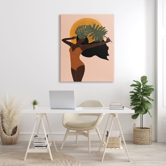 Stupell Industries Female Holding Tropical Monstera Leaf under Sun Canvas Wall Art